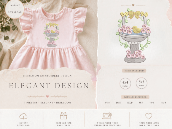 Bird Bath Floral Embroidery Design Review for Sellers